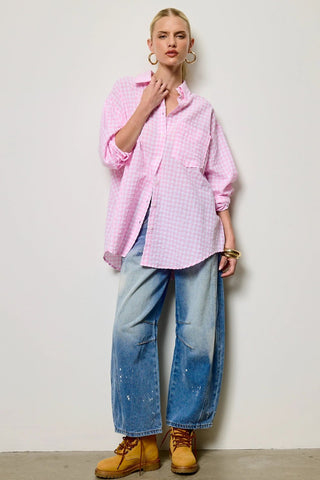 Oversized Gingham Button Down Shirt-Baby Pink - Boutique Bella BellaTOP