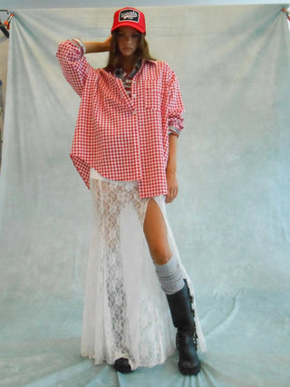 Oversized Gingham Button Down Shirt-Red - Boutique Bella BellaTOP