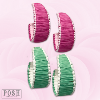 White rim raffia hoop earring, last call