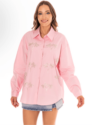 Paradise Palm Button - Up - Pink - Boutique Bella BellaBlouse