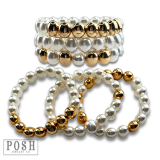 Pearl and gold oval bead bracelet set
