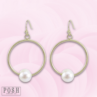 Gold circle earring with pearl charm, last call
