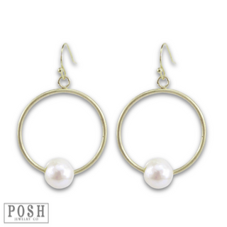 Gold circle earring with pearl charm, last call