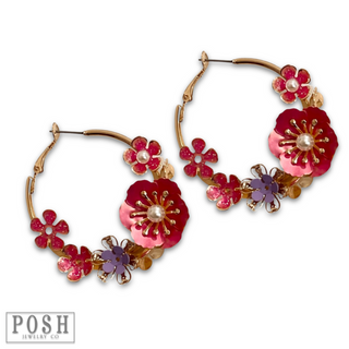 Metallic flower hoop earring, last call
