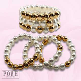 Pearl and gold oval bead bracelet set - Boutique Bella BellaBracelets