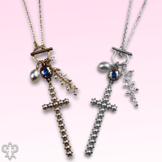 Pearl cross charm necklace with Austrian crystal - Boutique Bella BellaNecklaces