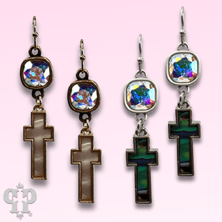 Pearl finish cross charm earring with Austrian crystal - Boutique Bella BellaEarrings