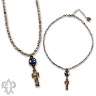 Pearl finish cross charm necklace with Austrian crystal - Boutique Bella BellaNecklaces