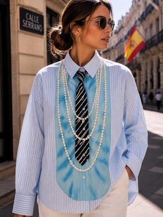 Pearl & Necktie Striped Button Down - Boutique Bella BellaLong Sleeve Top