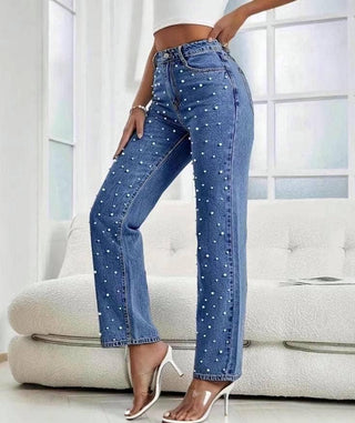 Pearled Straight Wide - Leg Jeans - Boutique Bella Bellajeans