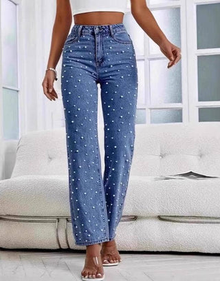 Pearled Straight Wide - Leg Jeans - Boutique Bella Bellajeans