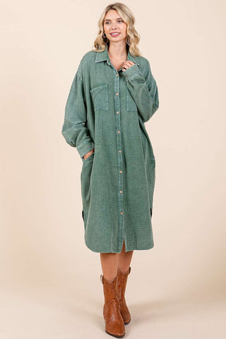 Pine Mineral Wash Gauze Midi Shirt Dress - Boutique Bella BellaDress