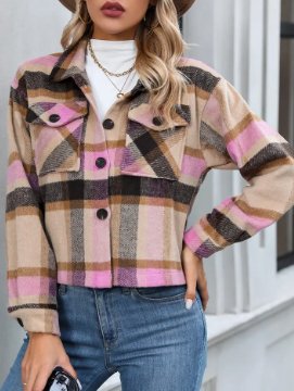 Pink & Brown Plaid Cropped Shacket - Boutique Bella BellaOuterwear