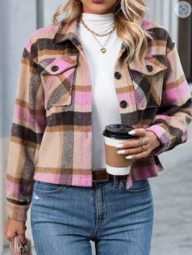 Pink & Brown Plaid Cropped Shacket - Boutique Bella BellaOuterwear