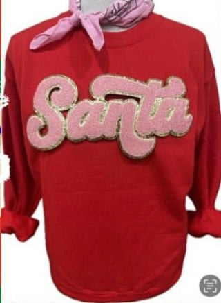 Pink Chenille Script "Santa" Crewneck Fleece - Boutique Bella BellaChristmas Sweatshirt