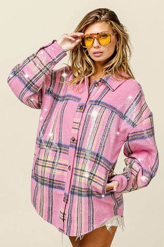 Pink Clear Sequin Plaid Flannel - Boutique Bella BellaFlannel