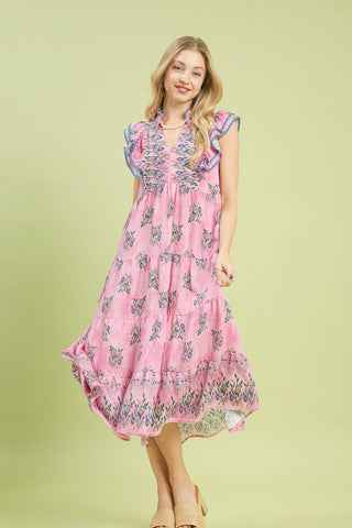 Pink Mix Floral Tiered Midi Dress L Pink Mix Floral Tiered Midi Dress L