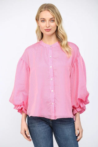 Pink Pinstripe Voluminous Bubble Sleeve Blouse - Boutique Bella BellaBlouse