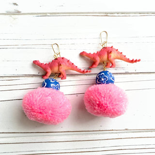 Pink Pom Pom Dinosaur Earrings - Boutique Bella Bellaearrings