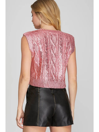 Pink Sleeveless Cable Knit Metallic Crop Sweater - Boutique Bella BellaSleeveless Sweater