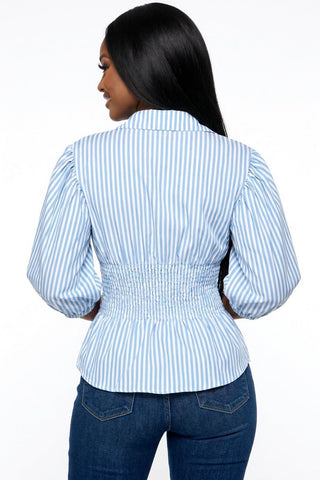 Pinstripe Puff Sleeve Top - Blue - Boutique Bella BellaTops