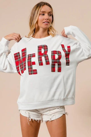 Plaid Merry Lettering Christmas Fleece Sweatshirt Plus - Boutique Bella BellaSweatshirt