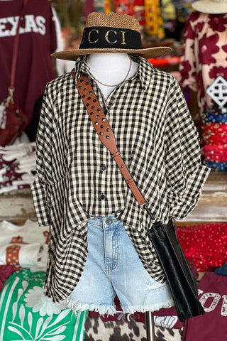 Plaid Print Button Up Oversize Blouse Shirt Black - Boutique Bella BellaTops