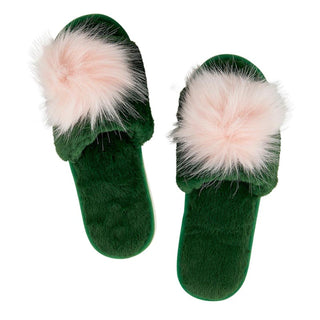 Plush Slippers - Green + Blush Pom Pom - Boutique Bella BellaHouse Slippers