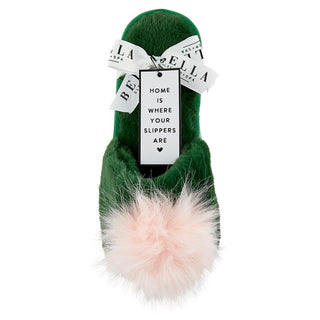 Plush Slippers - Green + Blush Pom Pom - Boutique Bella BellaHouse Slippers