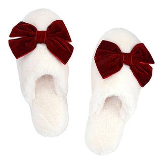 Plush Velvet Bow Slippers - Ivory + Burgundy Velvet Bow - Boutique Bella Bellaslippers