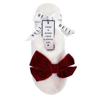 Plush Velvet Bow Slippers - Ivory + Burgundy Velvet Bow - Boutique Bella Bellaslippers