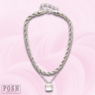 Silver tone double chain necklace, last call