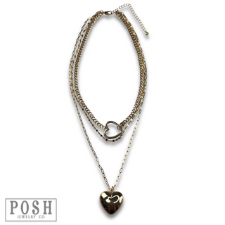 Three strand puffed heart charm necklace