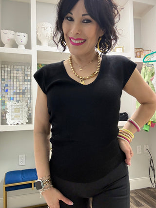 Polished Perfection V - Neck Top Black - Boutique Bella BellaTops
