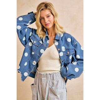 POLKA DOT CROPPED DENIM JACKET WITH FRAYED HEM BUTTON - Boutique Bella BellaDenim Jacket