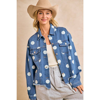 POLKA DOT CROPPED DENIM JACKET WITH FRAYED HEM BUTTON - Boutique Bella BellaDenim Jacket
