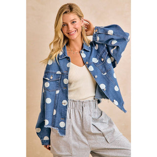 POLKA DOT CROPPED DENIM JACKET WITH FRAYED HEM BUTTON - Boutique Bella BellaDenim Jacket