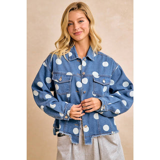 POLKA DOT CROPPED DENIM JACKET WITH FRAYED HEM BUTTON - Boutique Bella BellaDenim Jacket