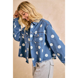 POLKA DOT CROPPED DENIM JACKET WITH FRAYED HEM BUTTON - Boutique Bella BellaDenim Jacket