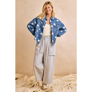 POLKA DOT CROPPED DENIM JACKET WITH FRAYED HEM BUTTON - Boutique Bella BellaDenim Jacket