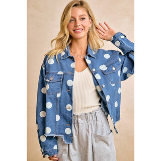 POLKA DOT CROPPED DENIM JACKET WITH FRAYED HEM BUTTON - Boutique Bella BellaDenim Jacket