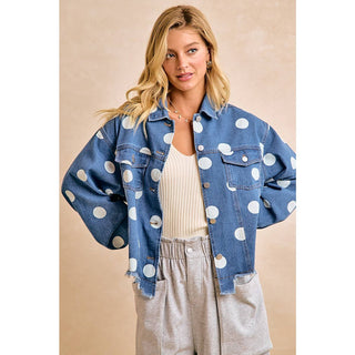 POLKA DOT CROPPED DENIM JACKET WITH FRAYED HEM BUTTON - Boutique Bella BellaDenim Jacket