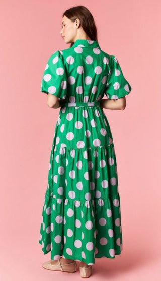 Polka Dot Poplin Puff Sleeve Cotton Dress - Green - Boutique Bella BellaDress