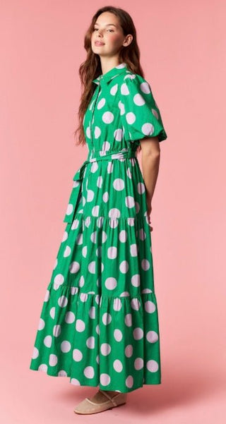 Polka Dot Poplin Puff Sleeve Cotton Dress - Green - Boutique Bella BellaDress