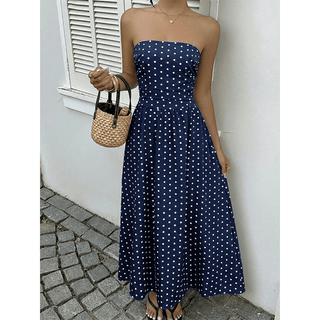 Polka Dot Strapless Sleeveless Waist - Cinching Dress Navy - Boutique Bella BellaDress