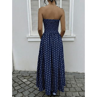 Polka Dot Strapless Sleeveless Waist - Cinching Dress Navy - Boutique Bella BellaDress