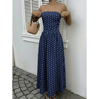 Polka Dot Strapless Sleeveless Waist - Cinching Dress Navy - Boutique Bella BellaDress