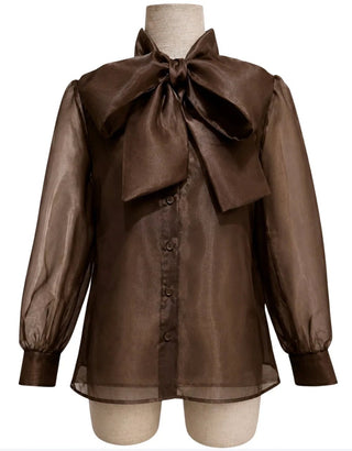 *Pre Order* Brianna Cannon Button Down Blouse with Bow - Brown - Boutique Bella BellaBlouse