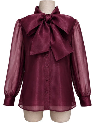 *Pre Order* Brianna Cannon Button Down Blouse with Bow - Burgundy - Boutique Bella BellaBlouse