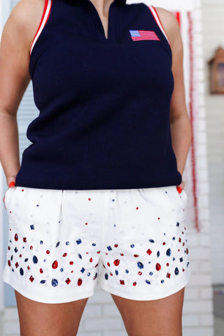 *Pre - Order Brianna Cannon White Denim Patriot Bling Shorts - Boutique Bella BellaShorts